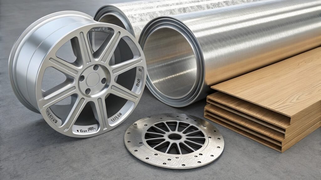 alt with keywords: comparison of a cast aluminum ingot, a rolled aluminum sheet, and an extruded aluminum profile